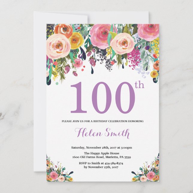 Floral 100th Birthday Invitation Purple (Front)