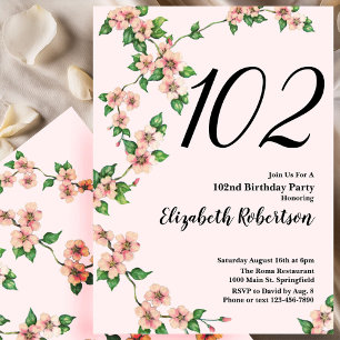 Floral 102nd Birthday Invitation in Blush Pink