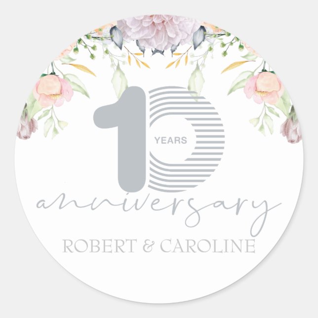 Floral 10th Wedding Anniversary Personalised Classic Round Sticker (Front)