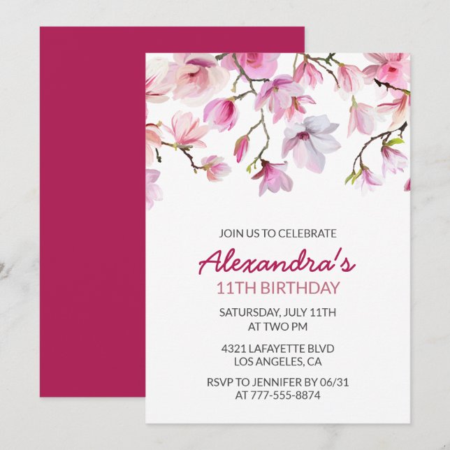 Floral 11th birthday invitation Watercolor Pink (Front/Back)