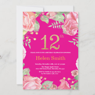 Floral 12th Birthday Gold Glitter and Hot Pink Invitation