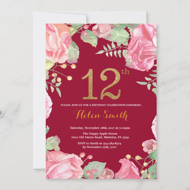 Floral 12th Birthday Gold Glitter Burgundy Red Invitation (Front)