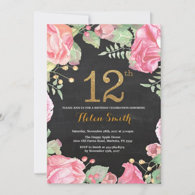 Floral 12th Birthday Invitation Gold Glitter (Front)