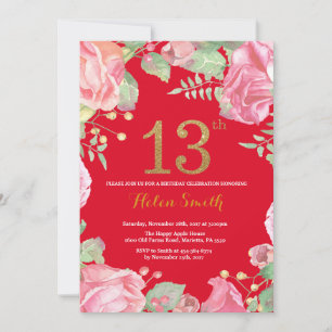 Floral 13th Birthday Gold Glitter Red Invitation