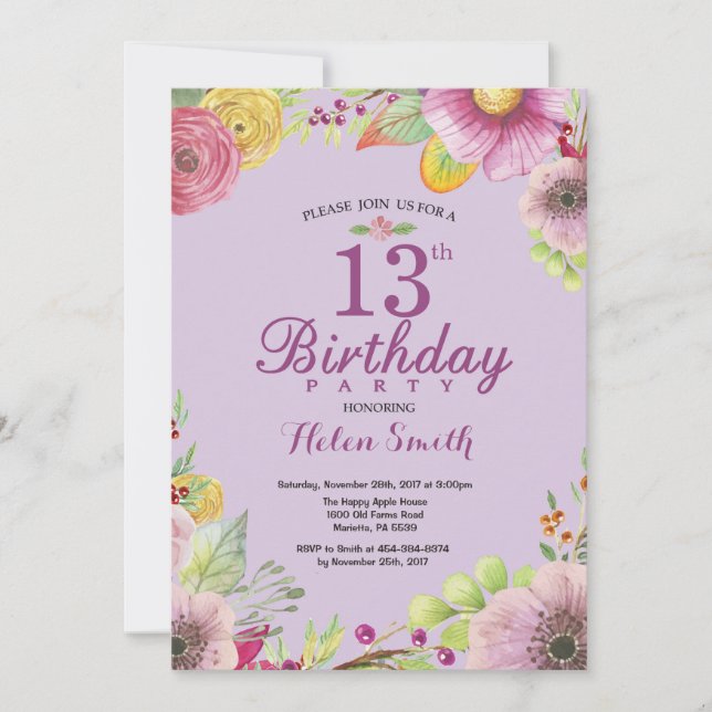Floral 13th Birthday Invitation for Women Purple (Front)
