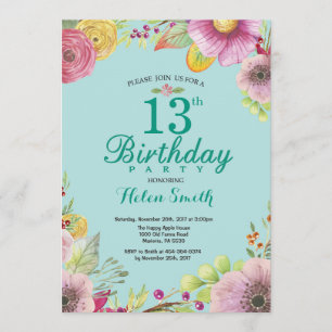 Floral 13th Birthday Invitation for Women Teal