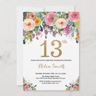 Floral 13th Birthday Invitation Gold Glitter
