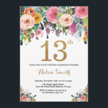 Floral 13th Birthday Invitation Gold Glitter<br><div class="desc">Floral 13th Birthday Invitation for Women. Watercolor Floral Flower. Gold Glitter. Pink,  Yellow,  Orange,  Purple Flower. Kids Birthday. Girl Lady Teen Teenage Bday. For further customisation,  please click the "Customise it" button and use our design tool to modify this template.</div>