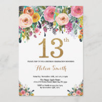 Floral 13th Birthday Invitation Gold Glitter