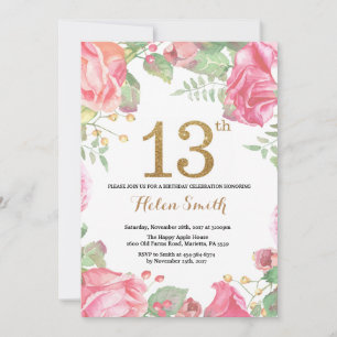 Floral 13th Birthday Invitation Gold Glitter