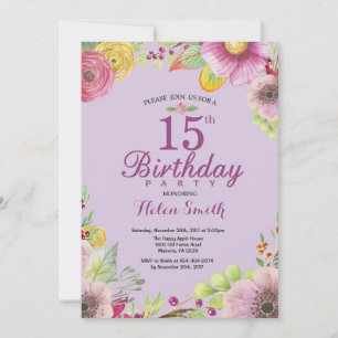 Floral 15th Birthday Invitation for Women Purple