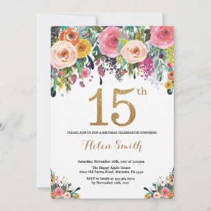 Floral 15th Birthday Invitation Gold Glitter