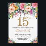 Floral 15th Birthday Invitation Gold Glitter<br><div class="desc">Floral 15th Birthday Invitation for Women. Watercolor Floral Flower. Gold Glitter. Pink,  Yellow,  Orange,  Purple Flower. Kids Birthday. Girl Lady Teen Teenage Bday. For further customisation,  please click the "Customise it" button and use our design tool to modify this template.</div>