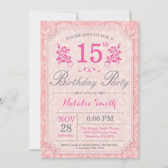 Floral 15th Birthday Invitation Pink for Women (Front)