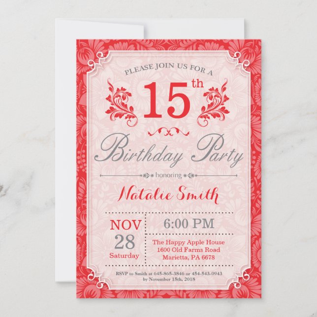Floral 15th Birthday Invitation Red for Women (Front)