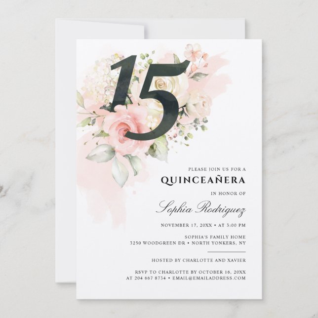 Floral 15th Birthday Pink Foliage Quinceanera Invitation (Front)