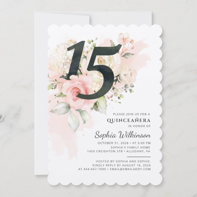 Floral 15th Birthday Quinceanera Birthday Party Invitation (Front)