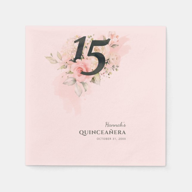Floral 15th Birthday Quinceanera Pink Party Paper Napkin (Front)