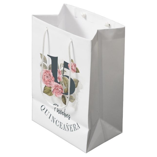 Floral 15th Birthday Quinceanera Rustic Medium Gift Bag (Front Angled)