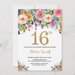 Floral 16th Birthday Invitation Gold Glitter