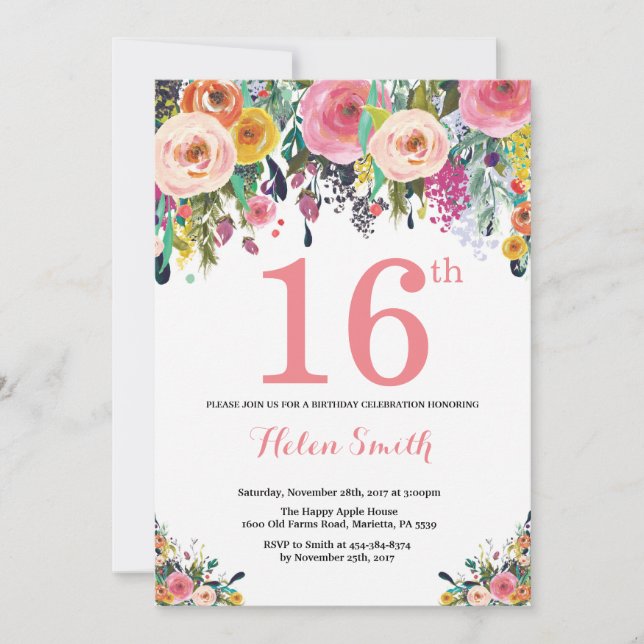 Floral 16th Birthday Invitation Pink (Front)