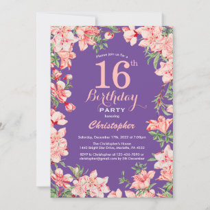 Floral 16th Birthday Pink Flowers Purple Violet Invitation