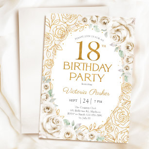 Floral 18th Birthday Cream Gold Invitation