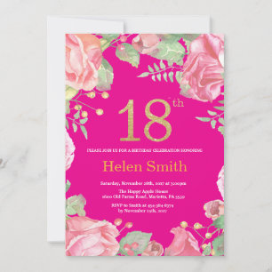 Floral 18th Birthday Gold Glitter and Hot Pink Invitation