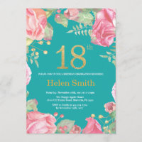 Floral 18th Birthday Gold Glitter and Teal