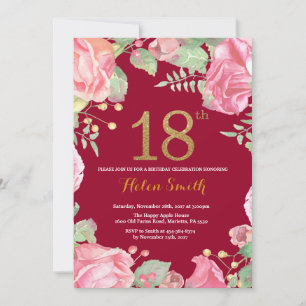 Floral 18th Birthday Gold Glitter Burgundy Red Invitation