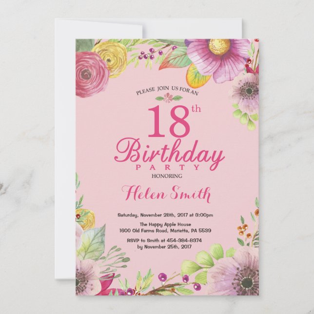 Floral 18th Birthday Invitation for Women Pink (Front)