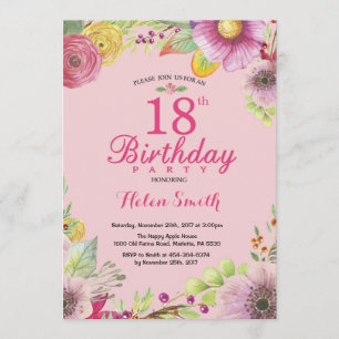 Floral 18th Birthday Invitation for Women Pink