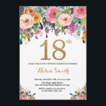 Floral 18th Birthday Invitation Gold Glitter<br><div class="desc">Floral 18th Birthday Invitation for Women. Watercolor Floral Flower. Gold Glitter. Pink,  Yellow,  Orange,  Purple Flower. Adult Birthday. For further customisation,  please click the "Customise it" button and use our design tool to modify this template.</div>