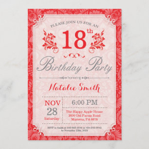 Floral 18th Birthday Invitation Red for Women