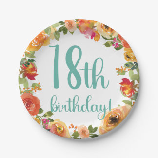Floral 18th Birthday Paper Plate