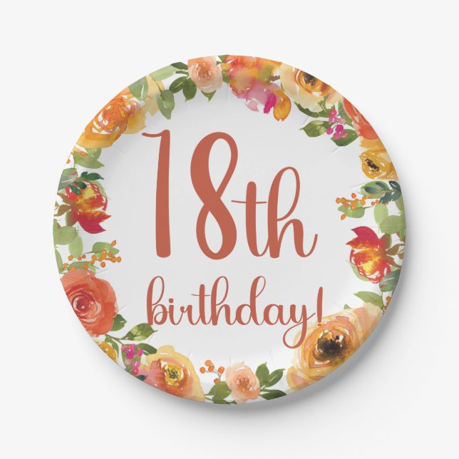Floral 18th Birthday Paper Plate (Front)