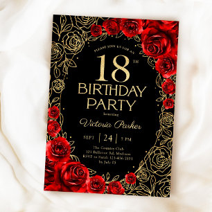 Floral 18th Birthday Red Black Gold Invitation