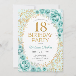 Floral 18th Birthday Turquoise Gold Invitation