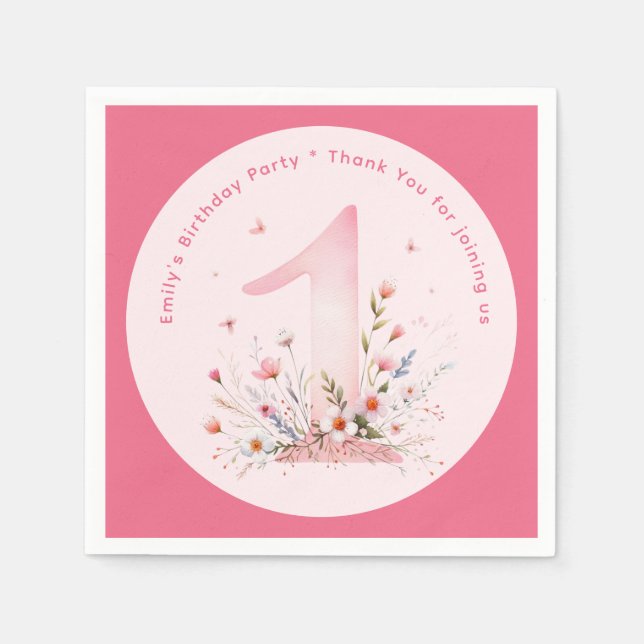 Floral 1st Birthday Custom One Fairy Princess Napkin (Front)