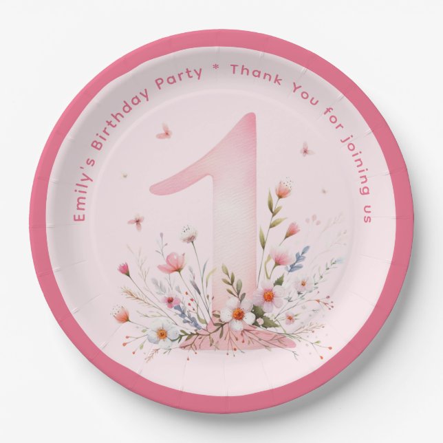 Floral 1st Birthday Custom One Fairy Princess Paper Plate (Front)