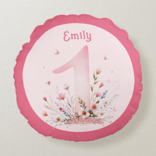 Floral 1st Birthday PHOTO Gift Daughter Girls Round Cushion