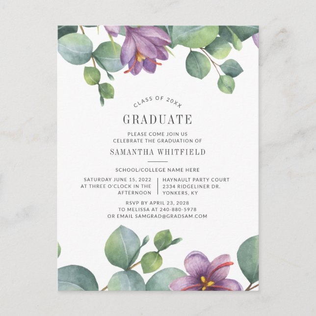Floral 2025 ucalyptus Graduation Party Invitation Postcard (Front)