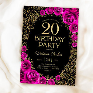 Floral 20th Birthday Fuchsia Pink Black & Gold Invitation