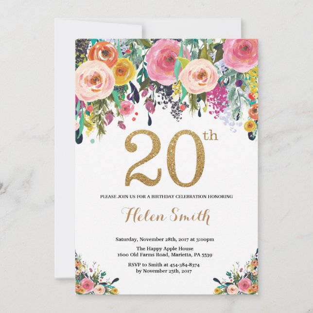 Floral 20th Birthday Invitation Gold Glitter (Front)