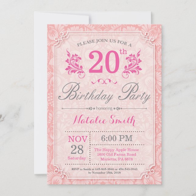Floral 20th Birthday Invitation Pink for Women (Front)