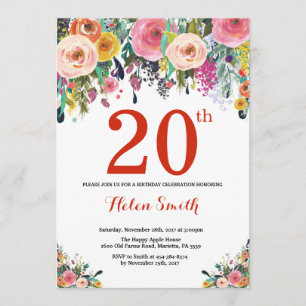 Floral 20th Birthday Invitation Red