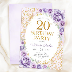 Floral 20th Birthday Lilac Purple Gold Invitation