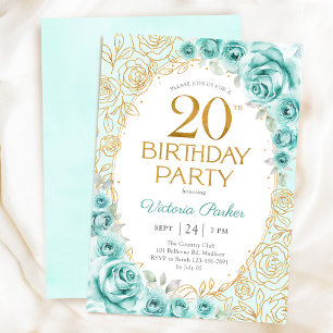 Floral 20th Birthday Turquoise Gold Invitation