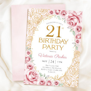 Floral 21st Birthday Blush Pink Gold Feminine Invitation