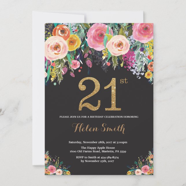 Floral 21st Birthday Invitation Gold Glitter (Front)